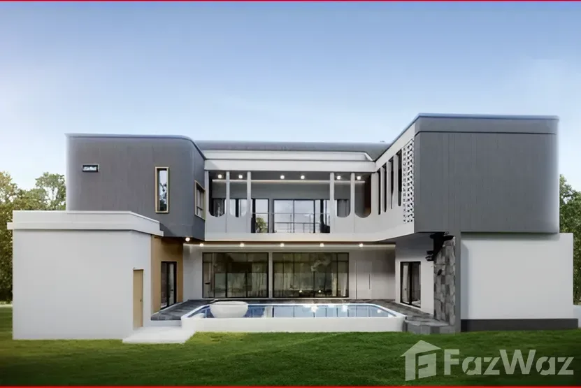 My Room Pool Villa - Pattaya - Modern house exterior with swimming pool, large glass doors, and green lawn.