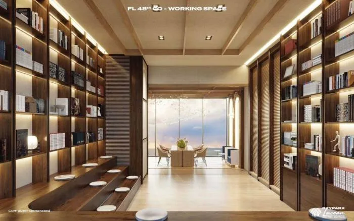 SKYPARK Lucean Jomtien Pattaya luxurious bar area with copper counter, bar stools, and arched windows.